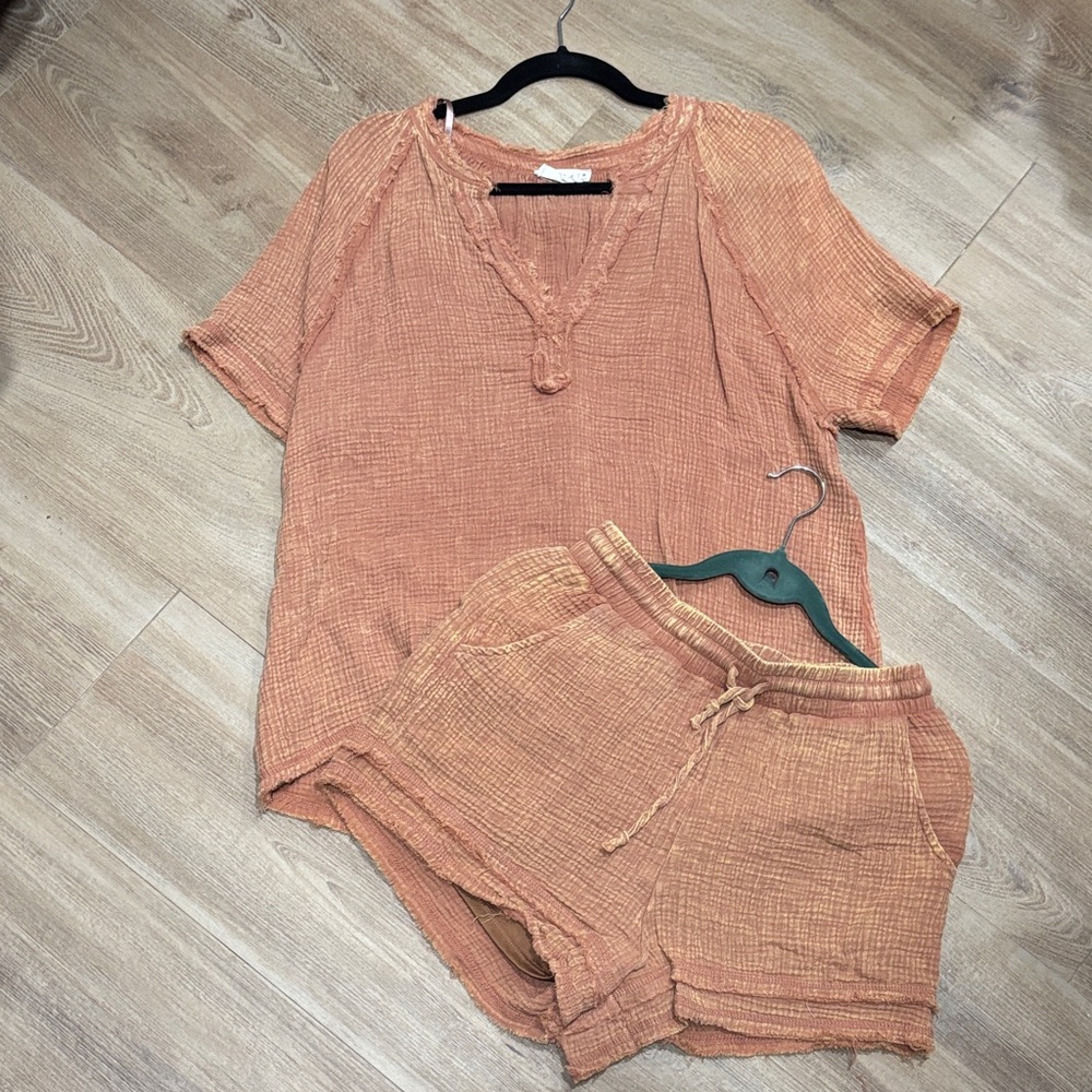 Terracotta Gauze Two-Piece Lounge Set - Top + Shorts
